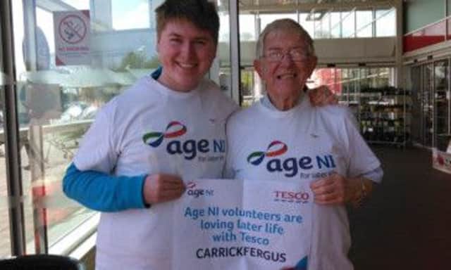 Brendan McSherry from Carrickfergus and Matthew Devlin from Greenisland during an Age NI collection at Tescos Carrickfergus. INCT 25-704-CON