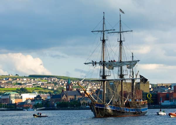 The tall ship the Earl of Pembroke arrives on the River Foyle for the Clipper Homecoming Festival in 2012.