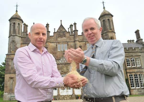 Ray Morrison of Joseph Morton Ltd (right) is pictured with Andrew Crockett of OMYA at Glenarm Castle, near to OMYA's new production plant where high calcium liming product Granucal is now being manufactured locally for the Northern Ireland market. INLT-26-700-con