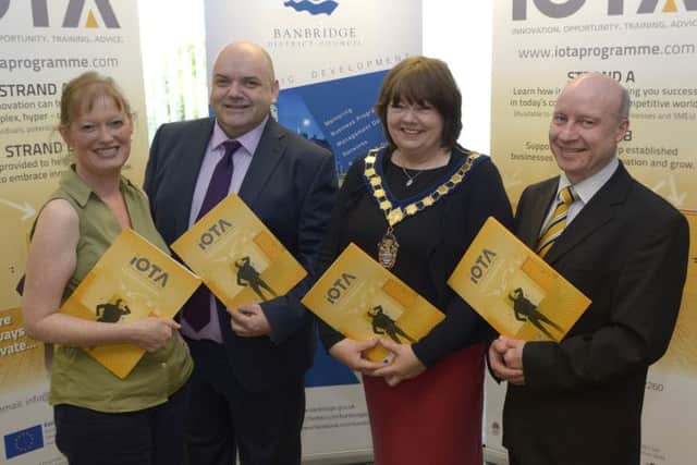 Banbridge District Council Chairman Cllr Marie Hamilton pictured at the IOTA Workshop Roadshow in Banbridge Enterprise Centre with Head of Regeneration Therese Rafferty, Centre Manager Ciaran Cunningham and IOTA Mentor Paul Millar © Edward Byrne Photography INBL1425-231EB-IOTA
