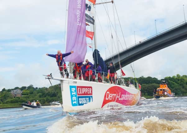 The Clipper yacht, Derry-Londonderry-Doire  which won the New York to Derry leg of the round the World Yacht Race arrives home on the River Foyle. Picture Martin McKeown. Clipperrace.com