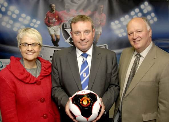 Attending the Media Launch of the forthcoming Manchester United Legends versus Moneyslane Footbal Cllub Select exhibition football match on 2nd August 2014 at Jubilee Park, were Margaret Ritchie MP South Down and David Simpson, MP Upper Bann, along with Brian Ervine, Moneyslane Football Club Chairman. © Photo: Gary Gardiner.