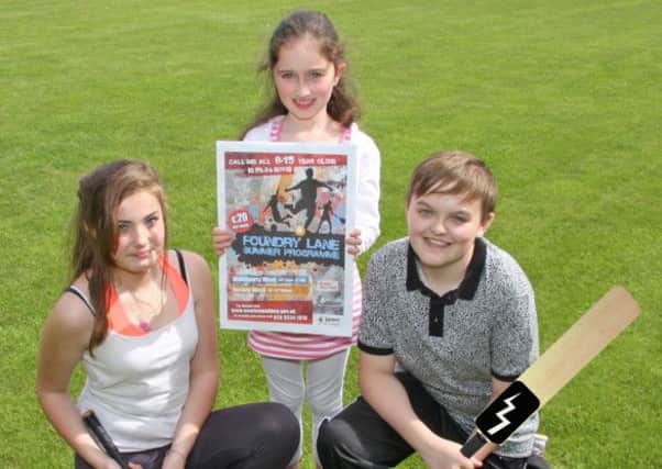 Encouraging registration for the Multisports Summer Scheme at Foundry Lane starting on June 30 are (l-r): Hannah Drummond, Ella McGinley and Aaron Millar. INLT 26-908-CON