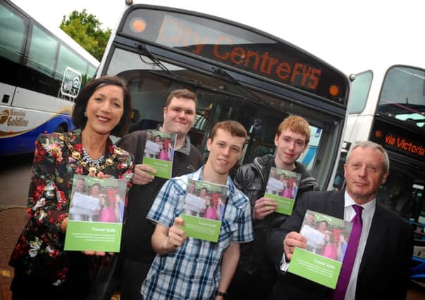 The Mayor of Derry, Councillor Brenda Stevenson and Alan Herron, Department for Regional Development, pictured with Mencap trainee, Slaine Stannett, Derry, Christopher Finnegan, Strabane and Ruairi McLaughlin, Park Village, at the North West launch of the new DRD Travel Safe Guide at the Foyle Street Bus Station as part of learning disability.