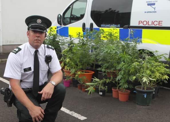 Sgt David Armour pictured with a number of the plants that were recovered from a drugs raid in Ballycastle on Tuesday afternoon. INBM27-14S