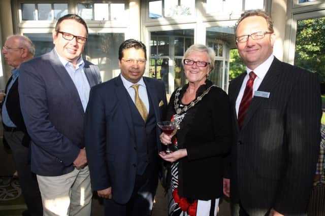 Rodney Kernohan, Dr Chris Nonis (High Commissioner for Sri Lanka) and the  Mayor of Ballymena, Cllr Audrey Wales, with Paul Smyth of Galgorm Resort and Spa, at the opening of their new conservatory. INBT26-219AC