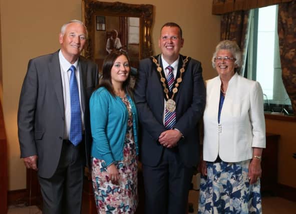 Pictured today in the Mayor's Parlour at Lagan Valley Island in Lisburn with the new Mayor of Lisburn's family are: (l-r) Mr Ewing; Mayoress, Mrs Michelle Ewing; Mayor, Councillor Andrew Ewing and Mrs Ewing.