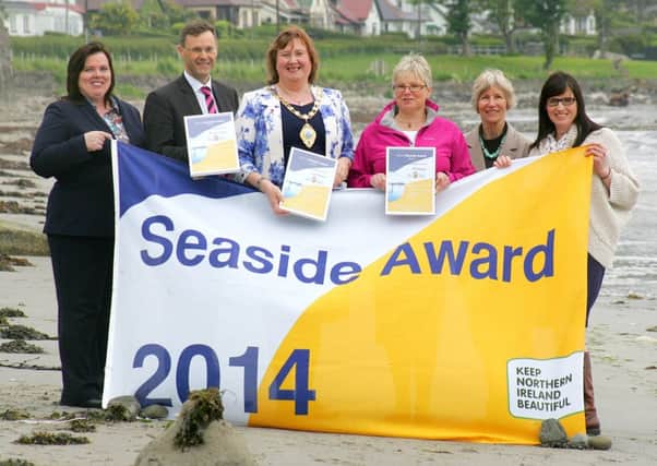 Carnlough, Ballygally and Browns Bay beaches have all picked up a NI Seaside Award. Pictured is Collette Goldrick, NI Tourist Board,, Philip Thompson, Larne Borough Council, Maureen Morrow, former Mayor of Larne, Lynda Foy, Larne Borough Council, Dr Sue Christie, Northern Ireland Environment Link, Dr Nichola Connery, DoE Marine Division.  INLT 27-675-CON