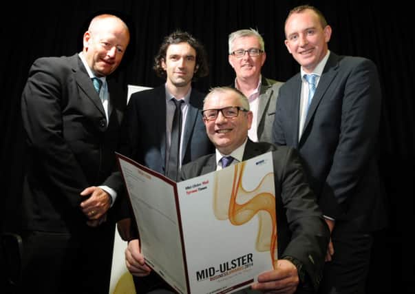 Peter Bayne Deputy Regional Editor for the North West with Cllr Sean McGuigan, Michael McGlade Multimedia Content Editor, Brian MacAuley Dungannon Enterprise Centre and Cathal Mallaghan the New Mid-Ulster Shadow Council Chairperson at the official launch of the 2014 Mid-Ulster Mail & Tyrone Times Mid-Ulster Business Awards.INTT2714-337