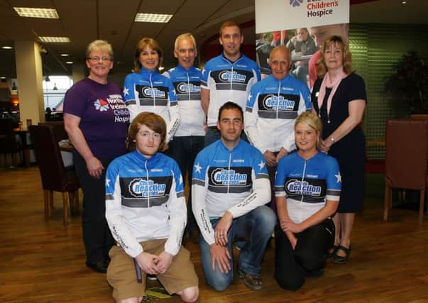Catherine O'Hara and Valerie Peacock, from the NI Children's Hospice, are pictured with Ballymena Road Club members Neil Kerr, Sammy Kerr, John Maxwell (Club Chairman), Jason Byrnes, Eileen Byrnes, Harry Graham and Hazel Hughes launching the Billy Kerr Sportive. INBT27-216AC