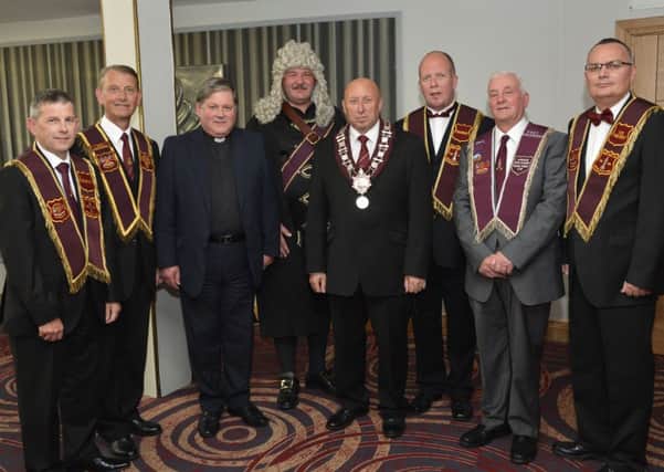Officers and guests pictured at the 170th anniversary dinner held by the Murray Parent Club in the White Horse Hotel, from left, George Cavanagh, Secretary, Alderman Maurice Devenney, Dean William Morton, Billy Stewart (Governor Walker), Jim Brownlee, Governor of the General Committee of the Apprentice Boys of Derry, Paul Jackson, President, Jack McClay, longest serving member, and Stephen Ward, Vice-President. INLS2614-223KM