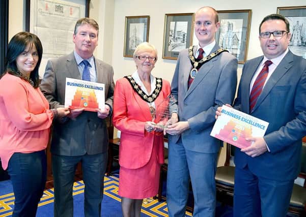 Alan Stewart, President of Ballymena Chamber of Commerce, Alison Moore, Rodger McKnight and Rodney Kernohan were welcomed by the  Ballymena Mayor Audrey Wales, MBE; in to the Braid Parlour to mark the Ballymena Borough Council sponsorship of the Business Awards. INBT 27-806H