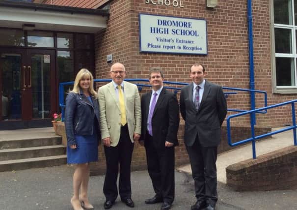 Local politicians during a visit last week to Dromore High School. From left: Brenda Hale MLA, High School Pricnipal John Wilkinson, Jeffrey Donaldson MP and Councillor Paul Rankin.