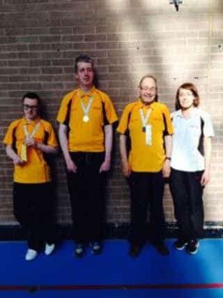 Bocce athletes Oliver Magee, Matthew Neeson, Chris Parker and Coach Noreen Kavanagh