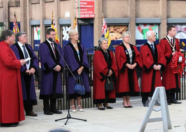 The Platform party at the Cenotaph on Tuesday evening for the Battle of the Somme Remembrance. From left, Very Rev Dean William Morton, Councillor Gus Hastings, Councillor David Ramsey, Councillor Hilary McClintock, Alderman Mary Hamilton, Alderman April Garfield-Kidd, Alderman Drew Thompson, and Deputy Mayor of Londonderry, Alderman Gary Middleton. INLS2714MC017