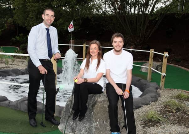 Sean Grant, centre manager, and staff members Richard McMullan and Laura Dysart pictured at the new Mini Golf at the Jet Centre Coleraine. INCR28-304PL