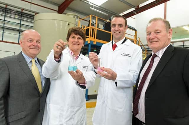 Eugene McQuillan,  Enterprise, Trade and Investment Minister  Arlene Foster, Environment Minister Mark H Durkan and Johnny McQuillan officially open McQuillan Envirocares new chemical treatment facility in  Antrim. The new facility is part of McQuillan Companies and has involved a £2m investment  as well as create 16 jobs for the town.