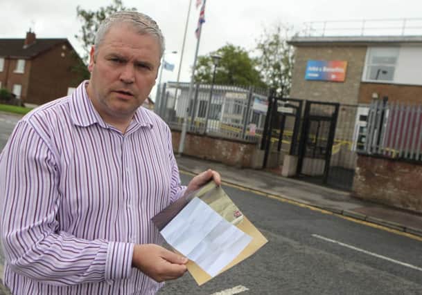Ballymoney Jobs and Benefits office where residents from mainly nationalist Ballycastle have to sign for benefits- Cllr Padraig McShane received a threat against Ballycastle residents signed "Glebe UVF" . Pic Steven McAuley/Kevin McAuley Photography Multimedia. inbm28-14 kma