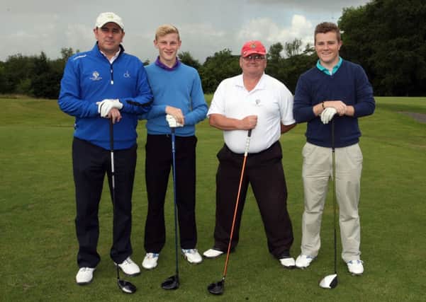 Gary Henry, Owen Smith, Malachy Bellew and Daniel Reilly about to tee off at Galgorm Castle Golf Club. INBT28-248AC