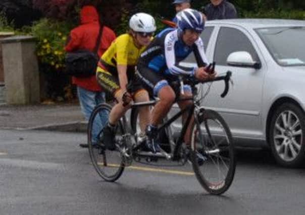 Diane White, who is visually impaired, on the tandem during her time trial.