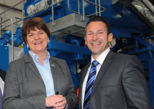 Enterprise, Trade and Investment Minister Arlene Foster is pictured in Cookstown CDE Global MD Brendan McGurgan when she announced a £3million investment by the Cookstown company CDE Global, which is creating 50 new jobs.