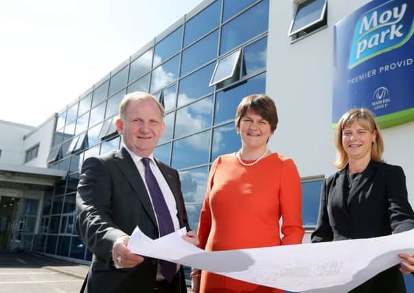 Enterprise Trade and Investment Minister Arlene Foster is pictured with Janet McCollum, Chief Executive of Moy Park and Lord Morrow after announcing a £170m expansion by the company that will provide 628 new jobs across three sites in Dungannon, Craigavon and Ballymena.
