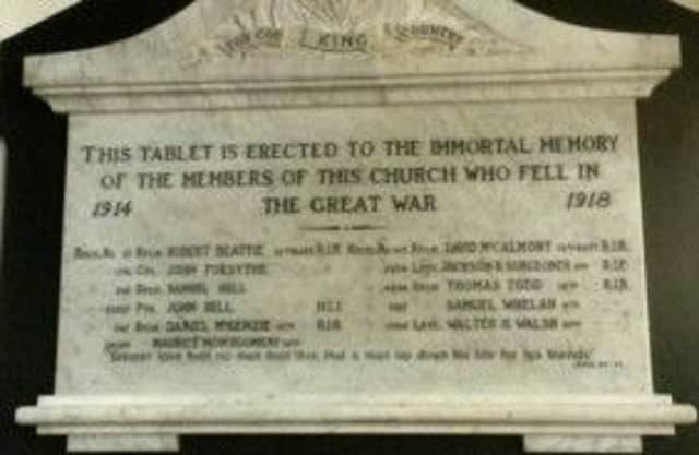 The memorial tablet in St John's Church, Ballyclare which was erected in memory of the 11 men from the church who lost their lives in the Great War. INNT 28-512CON