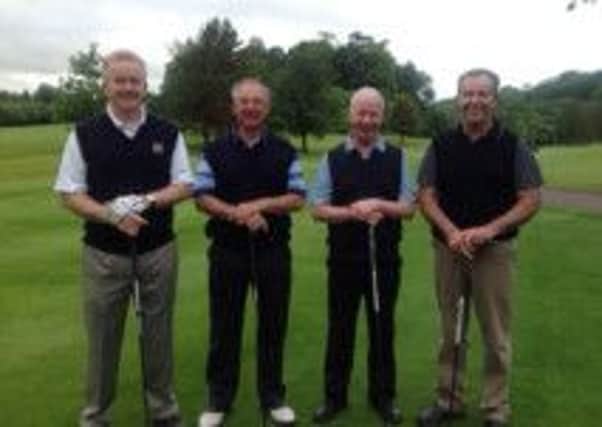 Jim Porter (right) had a great day on Saturday, picking up 44 points and claiming the Professionals Prize at Dunmurry. Here he is  with his fourball of Colin Ridell, Stephen Donaghy and Ian Halliday.