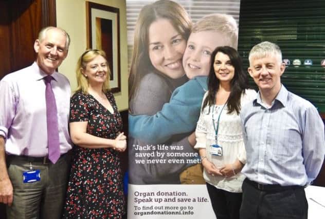 Pictured from left to right: Deputy Chief Executive of the Western Trust, Joe Lusby; Specialist Nurse in Organ Donation for the Western Trust (Altnagelvin Hospital), Maria Coyle; Organ Donation Specialist for the Western Trust, Dr Declan Grace and Specialist Nurse in Organ Donation (South West Acute Hospital, Enniskillen), Martina Conlon marking Organ Donation and Transplant Week 2014.