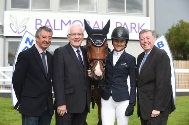 At the launch of the 2014 Balmoral National Show Jumping Championships are: (l-r) Ray Buchanan, Chairman of Show Jumping Ireland Ulster Region; Alderman Allan Ewart, Chairman of the Council's Economic Development Committee; Unique, show jumping horse with owner Sophie Dalm, top Ulster Show Jumping Champion and Alderman Paul Porter, Chairman of the Council's Leisure Services Committee.