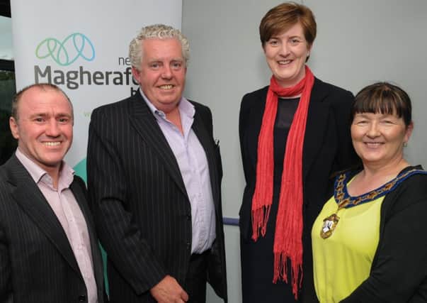 Brian McConville (second from left) chairman of the MJM Group, who was the guest speaker at the final night of the Enterprising Magherafelt Programme, pictured with Paul Reevy, MD Brilliant Red, Programme Delivery Agent, Anne Marie Campbell, director of policy and development Magherafelt Council and Kate McEldowney, chairperson of Magherafelt council.