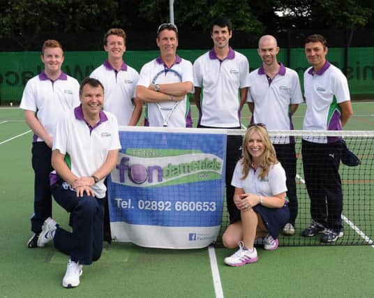 Brian Cushnie, founder of Tennis Fundamentals, with his wife Tina (front row) and tennis coaches at the Tennis Fundamentals 20th anniversary party at Wallace Park Tennis Courts. L to R: (back row) Tennis coaches - Matthew Grey, Andrew Irwin, Philip Wilson, Tony Murphy, Richard Aiken and Catalin Basarab.