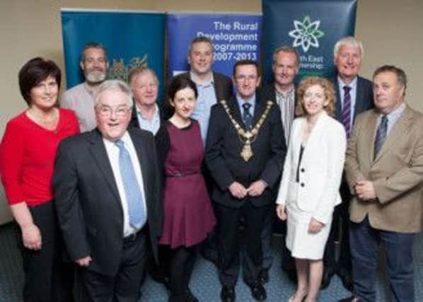 Pictured at the launch of Coleraine Borough Councils RIVER project and Rural Development Programme at Kilrea are: Mayor of Coleraine, Councillor George Duddy; Councillor Roisin Loftus; Conor Larkin; P J McAvoy, Chair of NEP; Councillor Ciaran Archibald; Anne Artt, North East Partnership; Councillor Richard Holmes; Councillor Billy Henry, LAG Chair; Pat Mulvenna, North East Partnership; Councillor Sam Cole; and Andrew McAlister, North East Regional Rural Development Programme. INCR29-120S
