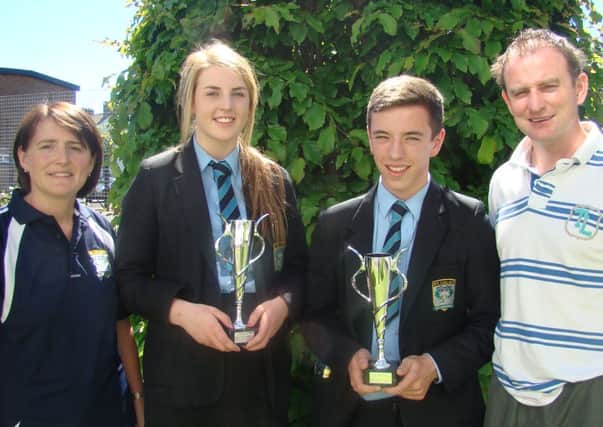 Victor and Victrix (Bronagh McAuley and Aaron Bradley) pictured with Mrs Devlin and Mr Meenagh.