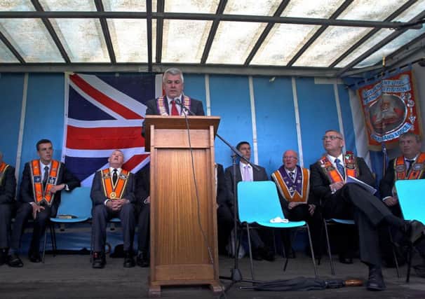 Kevin McAuley Photography Multimedia Saturday 12th July 2014- Brother Alan McLean address the Brethern at the Independent Twelfth Celebrations in Portrush. Pic Steven McAuley/Kevin McAuley Photography Multimedia