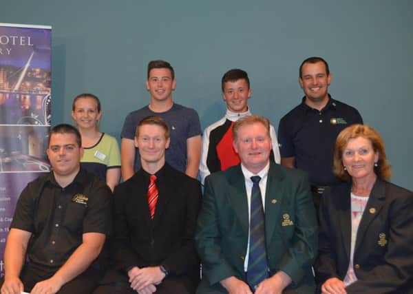 Prizewinners at Foyle Golf Club's Open week presentations. City Hotel Front L-R Lee Barlow Winner, Conor Friel [ City Hotel Sponsor ] Captain, Lady Captain. Back L-R Loren Smallwoods Lady Winner, Jonathan Quigley 2nd, David Meehan Rep. Rory O' Hara Visitor, Paul Mc Guigan Gross.