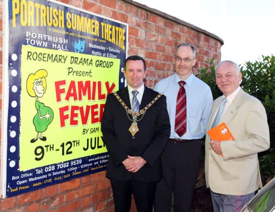Councillor George Duddy, Mayor of Coleraine, pictured with Kenneth Rock, chairman, and Mac Pollock, administrator, at the opening night of Portrush Summer Theatre at Portrush Town Hall last Wednesday.