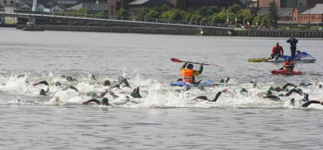 The first wave of swimmers get under way, at the Derry City Triathalon. 
(DER-29-1507-GMI-11-TRIATHALON)