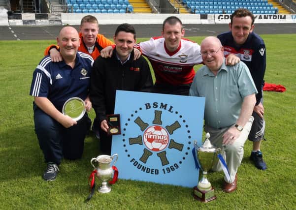 David Fuscoe, of Firmus Energy, the new sponsors of the Ballymena Saturday Morning League, is pictured with league officials David King (Chairman) and Brian Montgomery (secretary). Included are Garry Bonnes (Harryville Homers), Mark McKelvey (Connor) and Chris Coulter (Cullybackey Olympic. INBT30-203AC