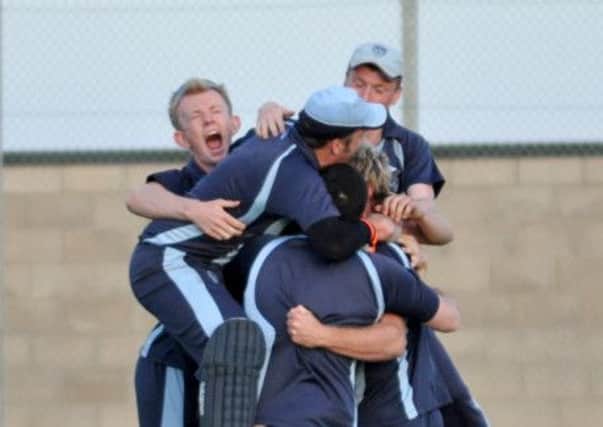 HOWZAT?! Carrick Cricket Club players celebrate victory in the Lagan Valley Steels Twenty20 final. Photo: Graham Ross