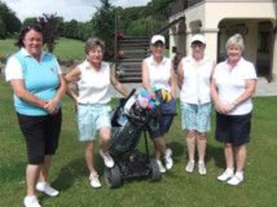 The Banbridge Ladies team played County Armagh Golf Club last Thursday in the quarter-final of the Ulster section of the Junior Cup.
(l to r) Denise McBrien (club captain), Helen Cox, Mildred Hodgett, Susan Magennis and Fionulla Crossey (team captain).