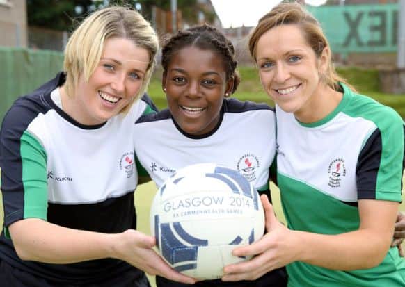Larkfield girls Lisa Somerville, Nordia Masters and Caroline OHanlon getting ready for the Commonwealth Games in Glasgow. INUS3014 Larkfield.
