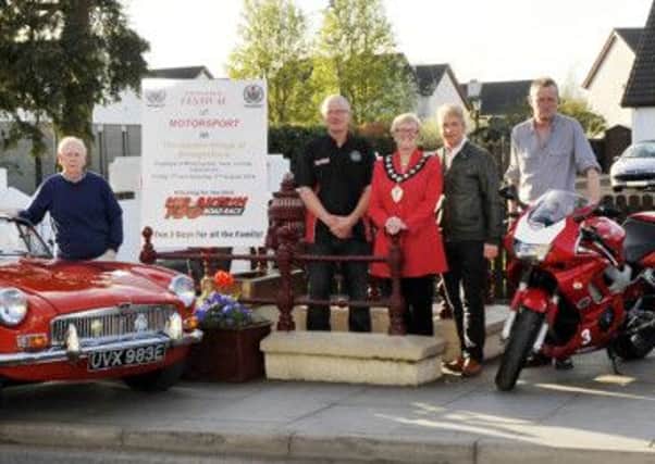 Ballymena Mayor Audrey Wales joins Jack Agnew President MCUI and Section member along with Sandy Wilson Broughshane and District Community Association, Adrian McDowell Chairman Clough Community Association, Harold Crooks Vintage Cars at the launch of the Festival of Motorsport in the Garden Village of Broughshane.