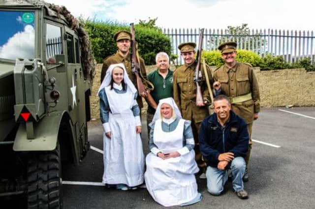 War years remembered,David McCallion,with his volunteers,David,Melville,Darren,Andrew and Nurses Claire McCleave chairwoman of new mossley community groupand Dannielle McCleave.elimchurch.INNT 28-517-SO-war years.