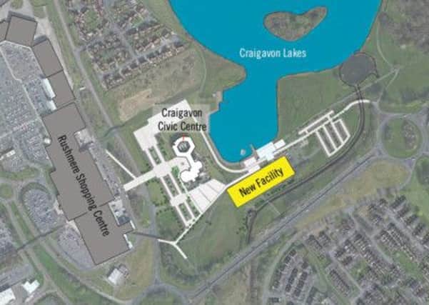 An illustration of where the leisure centre will be located close to Craigavon Lakes