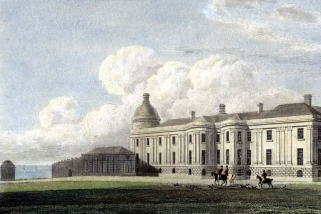 An artist's impression of Downhill, much as it would have appeared in the time of the Earl Bishop. Note Mussenden Temple to the left.