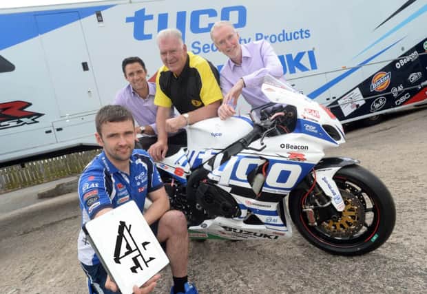 Armoy Motorcycle Road Racing Club has struck a deal with UK television Channel 4 to air a one hour highlights programme across the UK on Saturday 9th August from 7 - 8am. Pictured here are Road Racer William Dunlop, Clerk of the Course of Armoy Road Races, Bill Kennedy with Sports Presenter Graham Little and Head of Northern Ireland, Tourism Ireland, Aubrey Irwin.