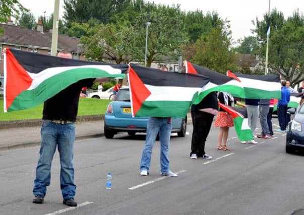The 'white-line' pro-Palestine protest which was held on the Cushendall Road on Saturday. Palestinian flags have since been erected in the area.INBT 30-821H