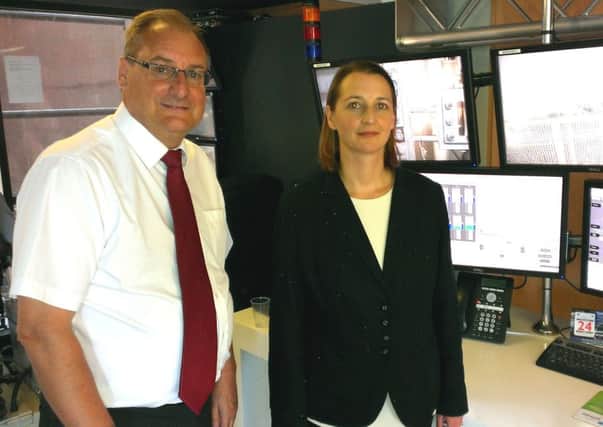 Ricky Burnett of arc21 with Jane Hennessy, communications manager with Indaver Ireland, in the control room at the waste-to-energy plant in Duleek, Co Meath. INNT 31-503CON