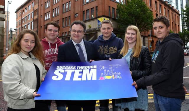 BEST Northern Ireland STEM students attend US Summer Camp
Minister for Employment and Learning Dr Stephen Farry has arranged for eight further education students from Northern Ireland to spend two weeks at a prestigious Science, Technology, Engineering and Maths (STEM) institute in America this summer. Pictured with the Minister are Rhiannon Boyd, BMC, from east Belfast, Cillian ONeill, SERC, from Portaferry, Jonathan Mitchell, NRC, from Ballymoney, Zoe McGookin, BMC, from Newtownards and Chelsie Gray, SERC from Bangor.